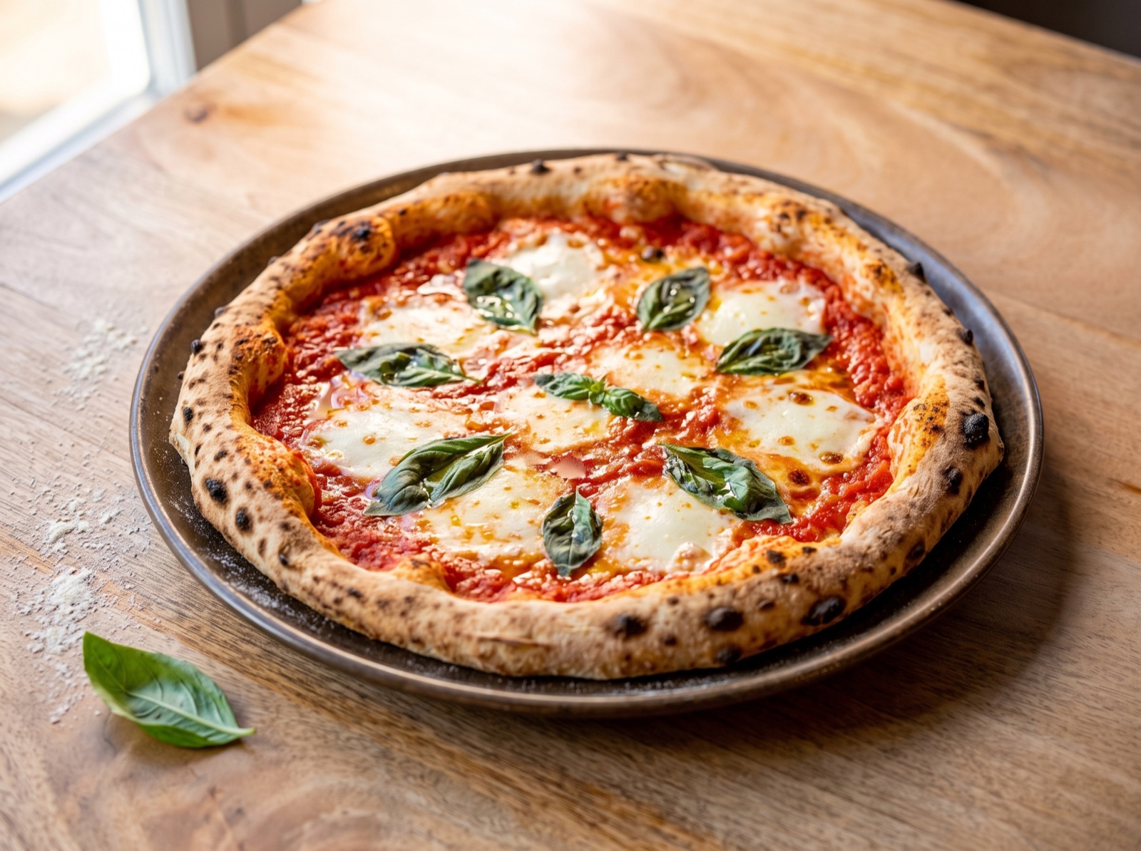 Pizza margherita à la croûte gonflée, mozzarella fondue et basilic frais